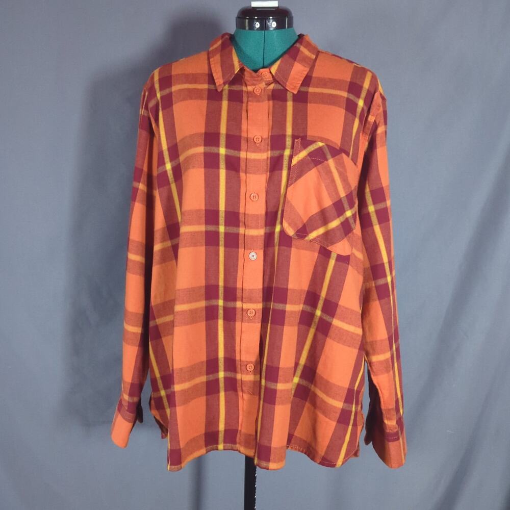 Time & Tru XXL Plaid Tunic Shirt Orange Burgundy Fall 2XL Oversized